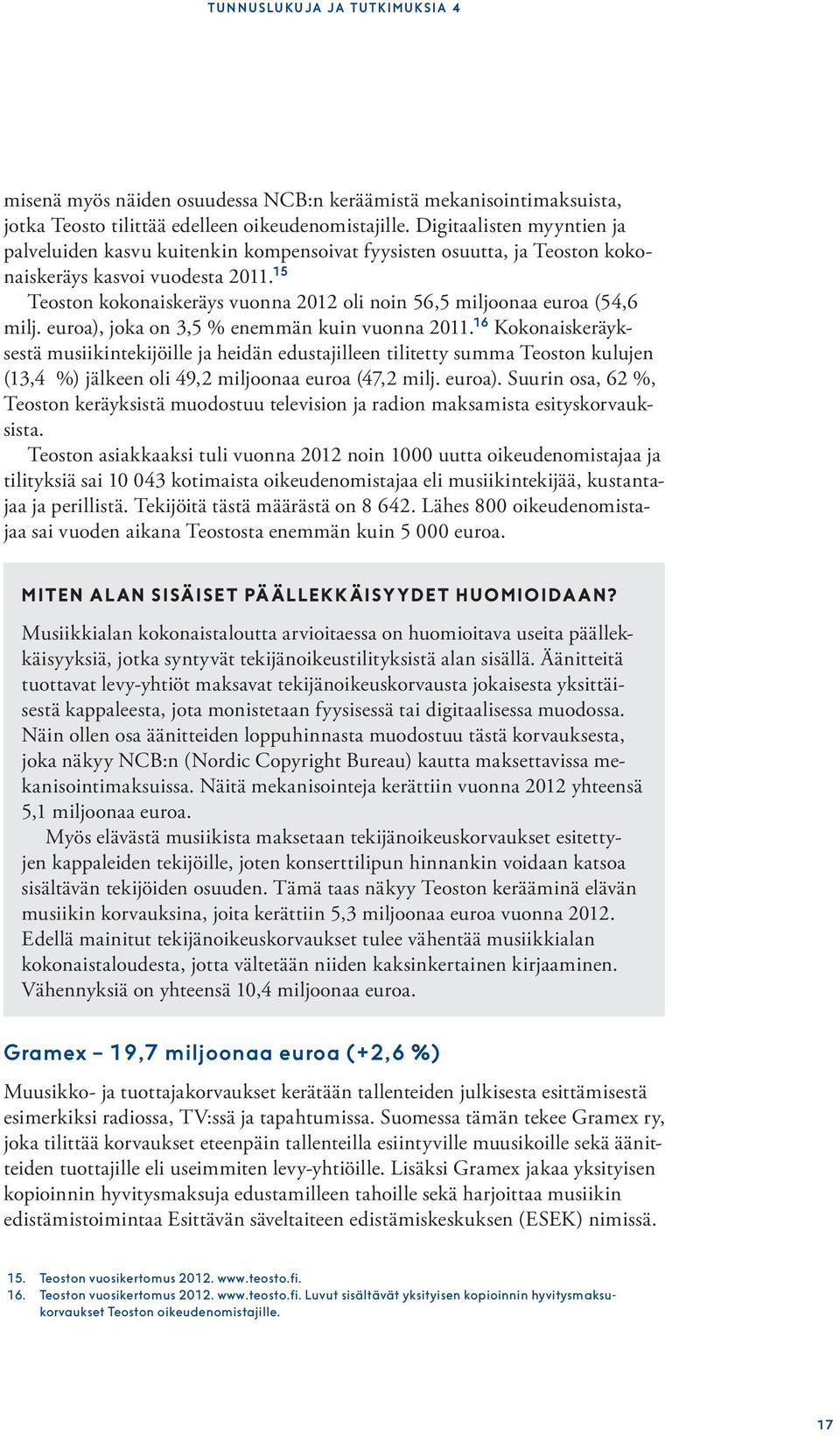 15 Teoston kokonaiskeräys vuonna 2012 oli noin 56,5 miljoonaa euroa (54,6 milj. euroa), joka on 3,5 % enemmän kuin vuonna 2011.