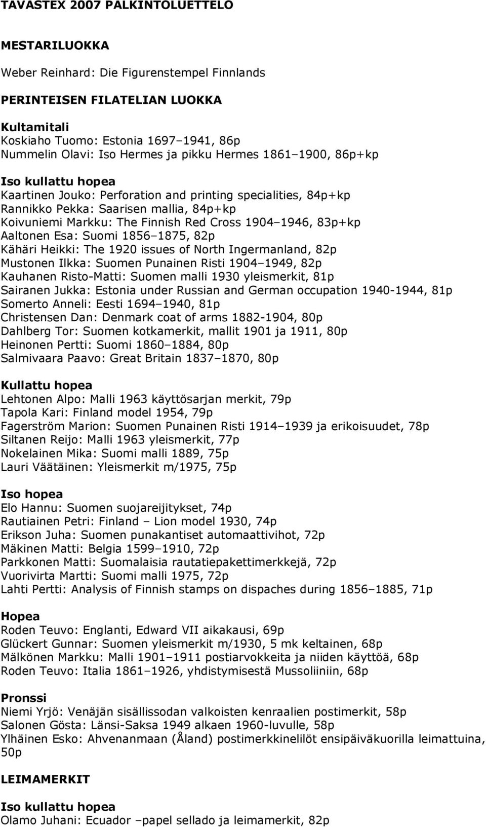 Esa: Suomi 1856 1875, 82p Kähäri Heikki: The 1920 issues of North Ingermanland, 82p Mustonen Ilkka: Suomen Punainen Risti 1904 1949, 82p Kauhanen Risto-Matti: Suomen malli 1930 yleismerkit, 81p