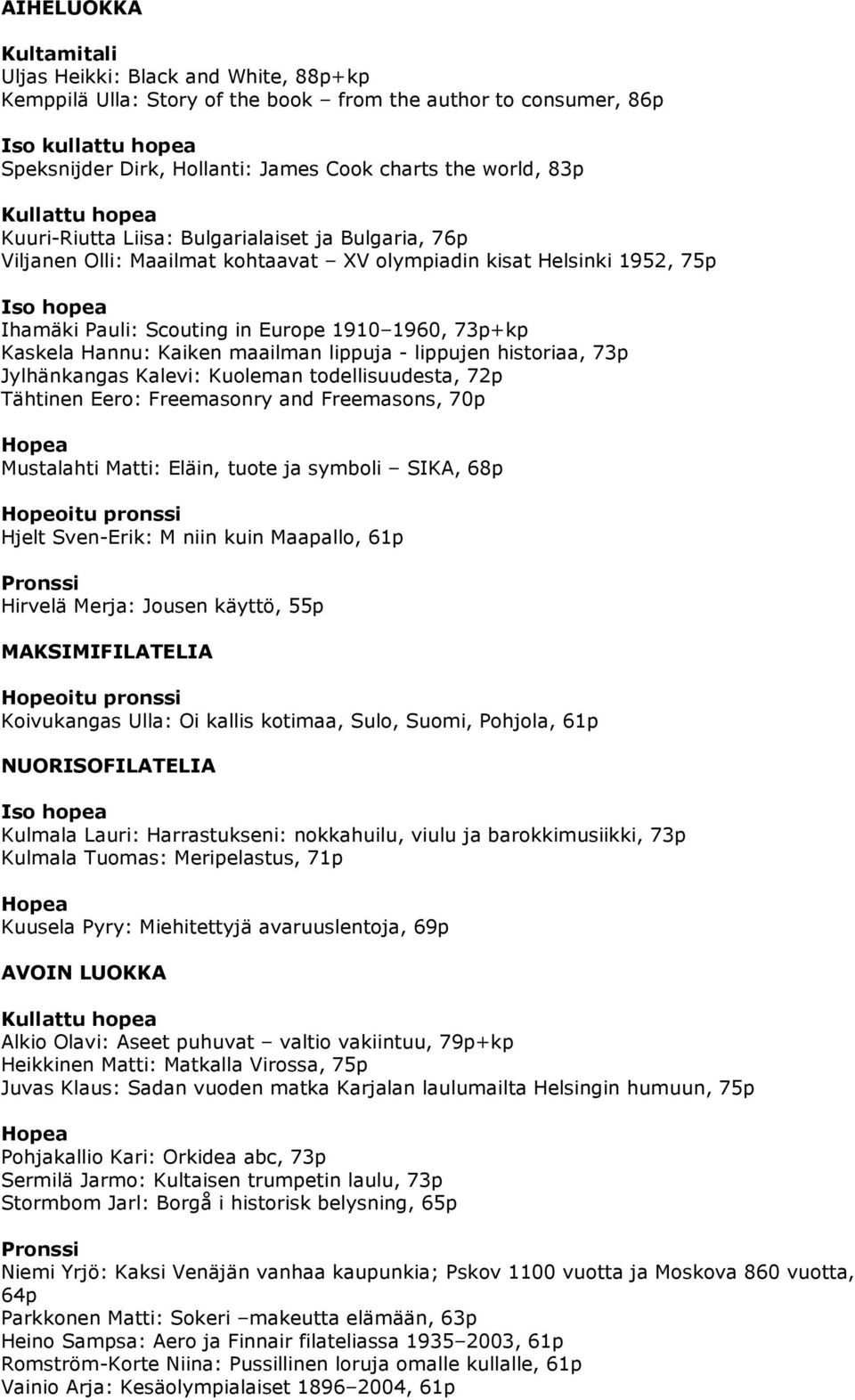 lippujen historiaa, 73p Jylhänkangas Kalevi: Kuoleman todellisuudesta, 72p Tähtinen Eero: Freemasonry and Freemasons, 70p Mustalahti Matti: Eläin, tuote ja symboli SIKA, 68p Hjelt Sven-Erik: M niin