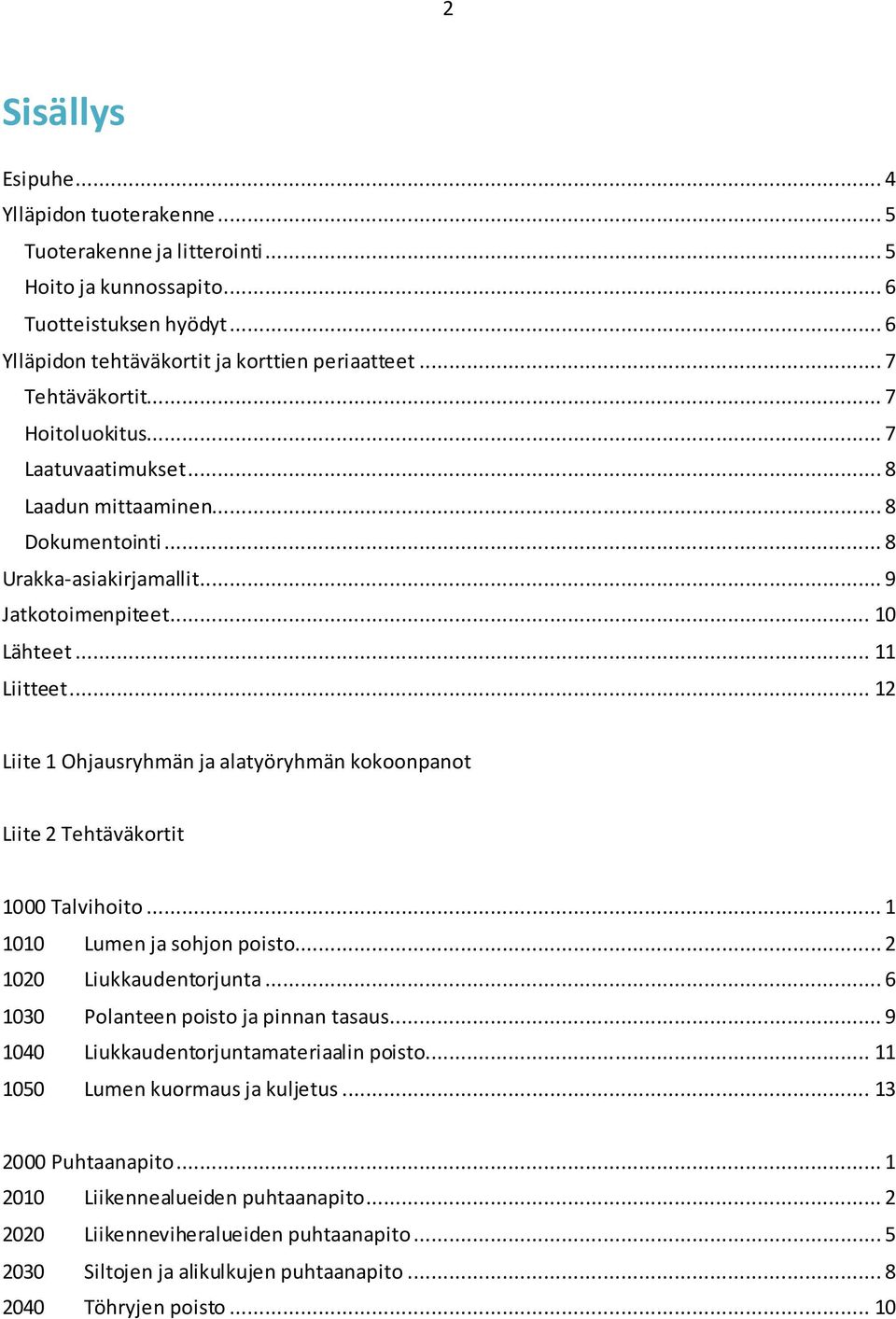 .. 12 Liite 1 Ohjausryhmän ja alatyöryhmän kokoonpanot Liite 2 Tehtäväkortit 1000 Talvihoito... 1 1010 Lumen ja sohjon poisto... 2 1020 Liukkaudentorjunta... 6 1030 Polanteen poisto ja pinnan tasaus.