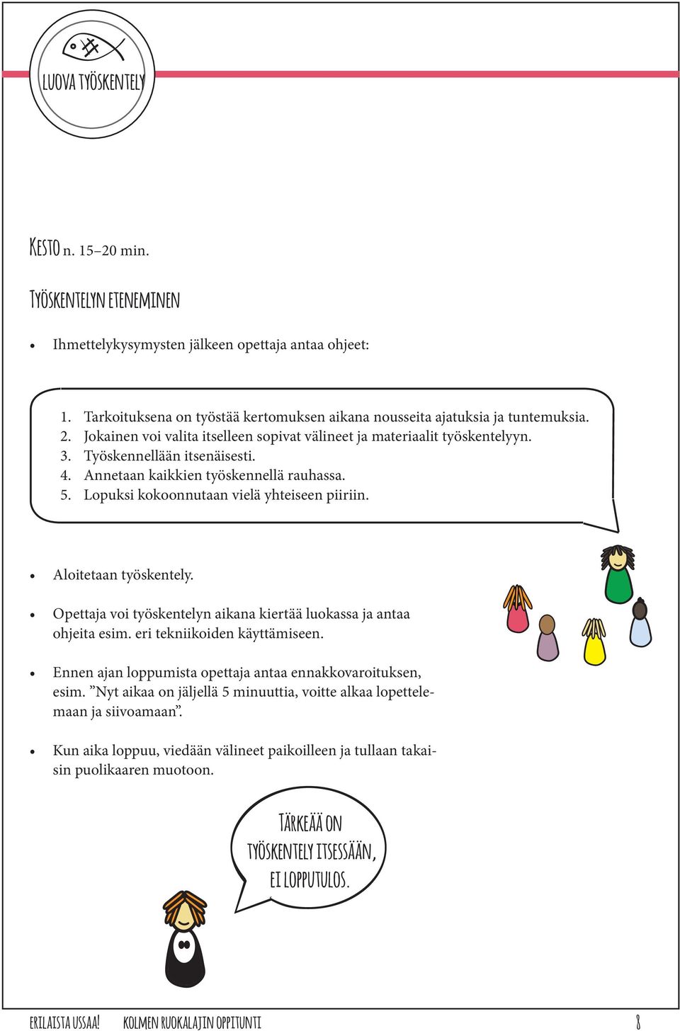 Opettaja voi työskentelyn aikana kiertää luokassa ja antaa ohjeita esim. eri tekniikoiden käyttämiseen. Ennen ajan loppumista opettaja antaa ennakkovaroituksen, esim.