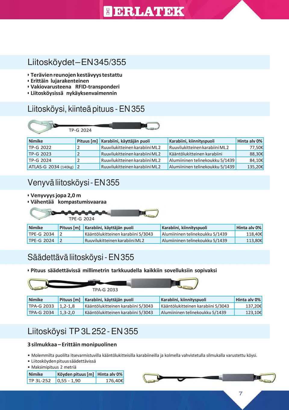 RuuvilukitteinenkarabiiniML2 Kääntölukitteinen karabiini 88,30 TP G 2024 2 RuuvilukitteinenkarabiiniML2 Alumiininen telinekoukku 5/1439 84,10 ATLAS G 2034 (140kg) 2 RuuvilukitteinenkarabiiniML2