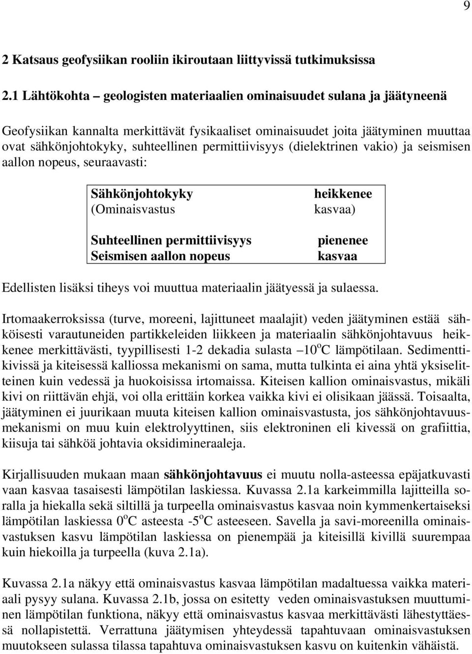 permittiivisyys (dielektrinen vakio) ja seismisen aallon nopeus, seuraavasti: Sähkönjohtokyky (Ominaisvastus Suhteellinen permittiivisyys Seismisen aallon nopeus heikkenee kasvaa) pienenee kasvaa