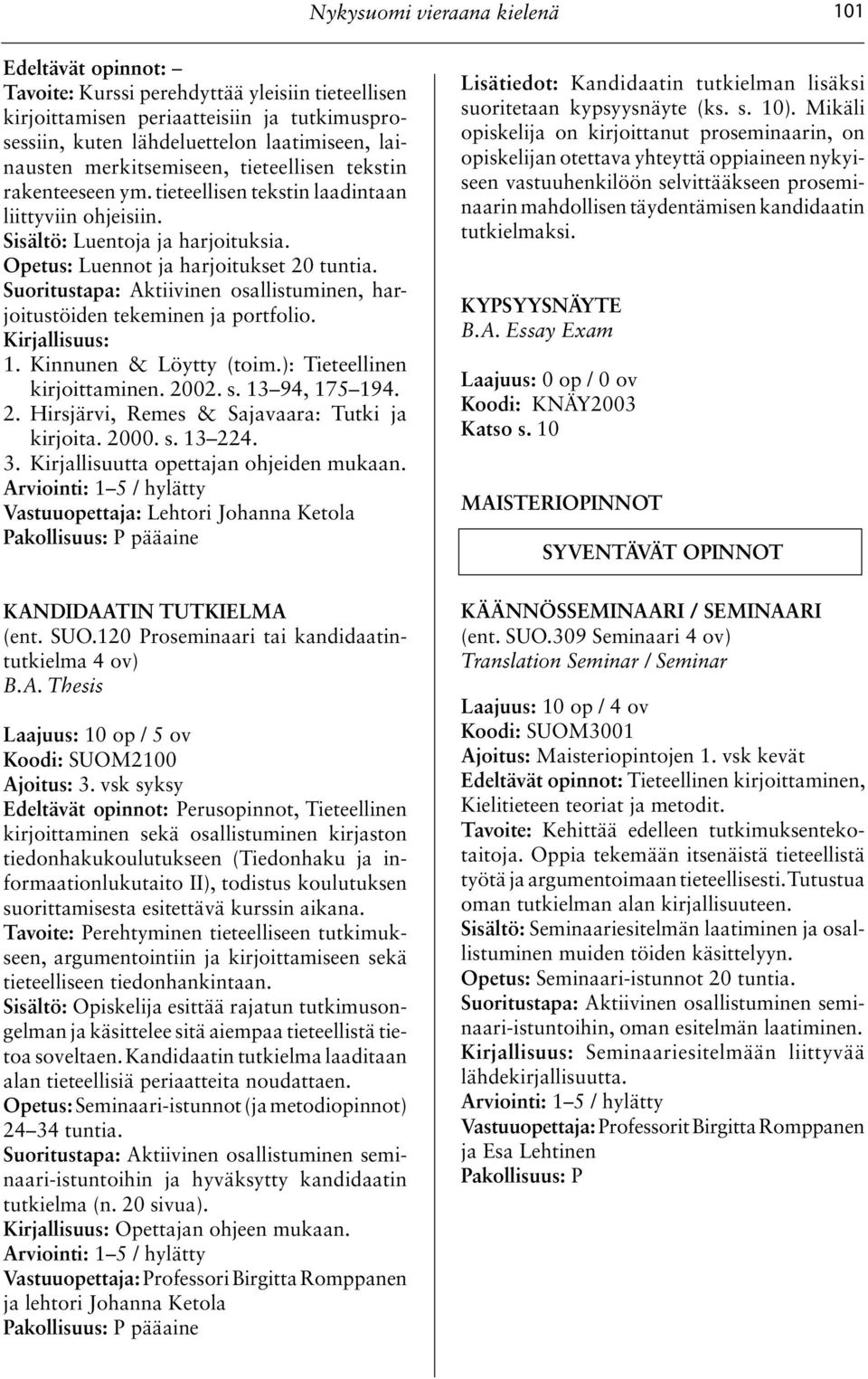 Suoritustapa: Aktiivinen osallistuminen, harjoitustöiden tekeminen ja portfolio. 1. Kinnunen & Löytty (toim.): Tieteellinen kirjoittaminen. 2002. s. 13 94, 175 194. 2. Hirsjärvi, Remes & Sajavaara: Tutki ja kirjoita.