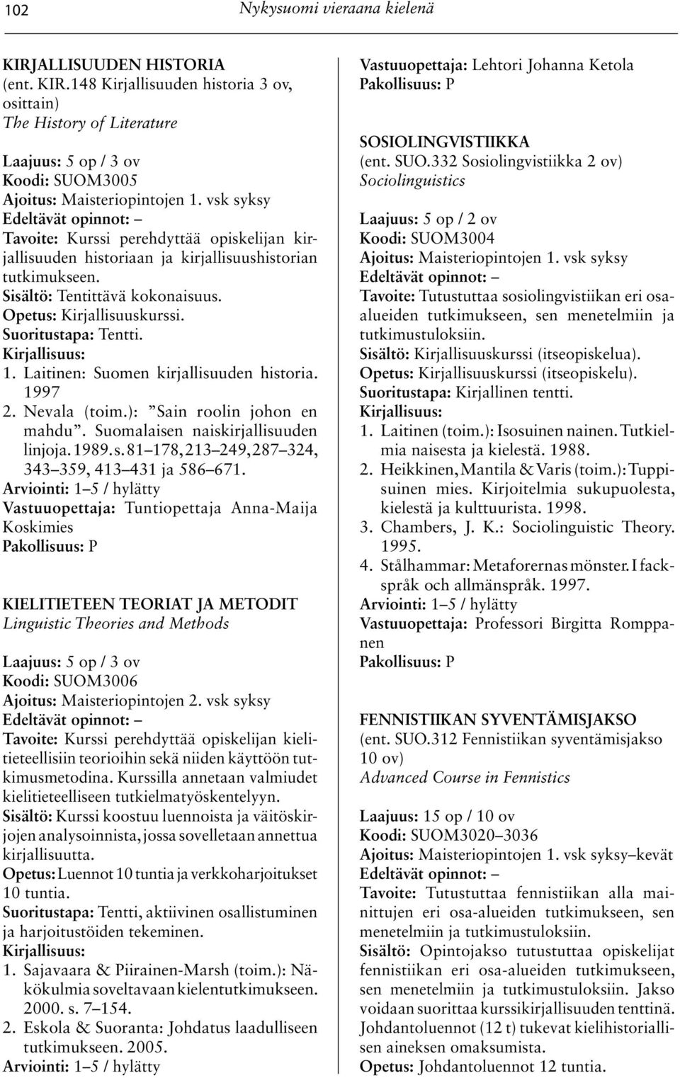 Laitinen: Suomen kirjallisuuden historia. 1997 2. Nevala (toim.): Sain roolin johon en mahdu. Suomalaisen naiskirjallisuuden linjoja. 1989. s. 81 178, 213 249, 287 324, 343 359, 413 431 ja 586 671.