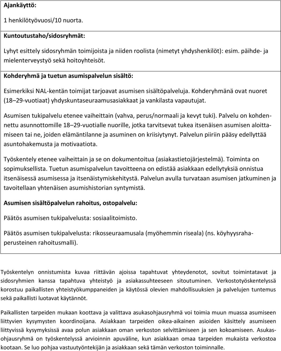 Kohderyhmänä ovat nuoret (18 29-vuotiaat) yhdyskuntaseuraamusasiakkaat ja vankilasta vapautujat. Asumisen tukipalvelu etenee vaiheittain (vahva, perus/normaali ja kevyt tuki).