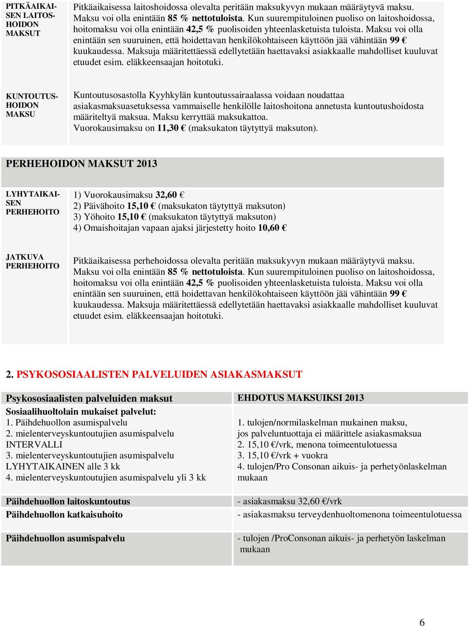 Maksu voi olla enintään sen suuruinen, että hoidettavan henkilökohtaiseen käyttöön jää vähintään 99 kuukaudessa.