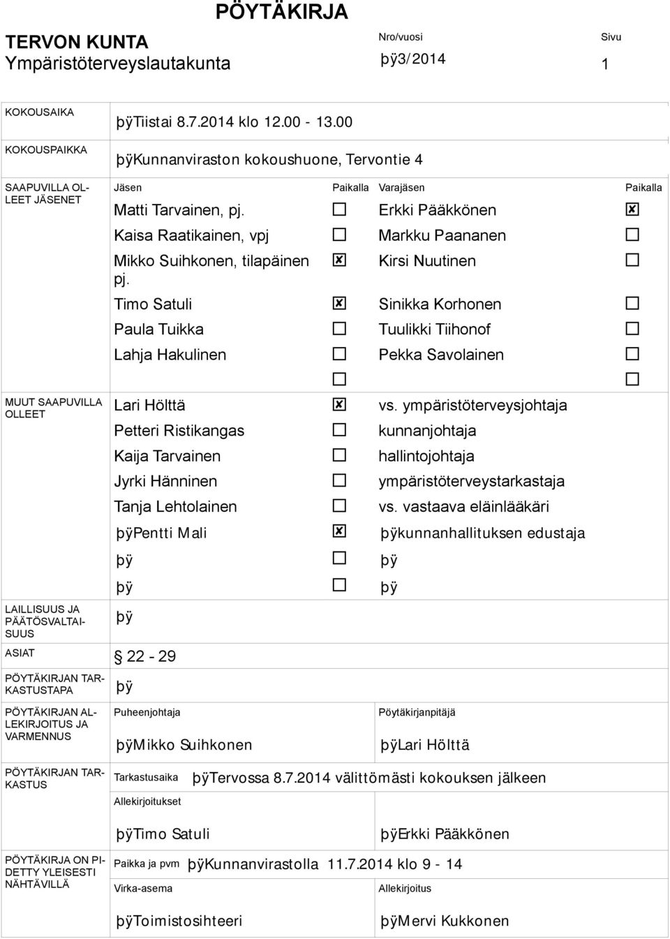 Timo Satuli Paula Tuikka Lahja Hakulinen Erkki Pääkkönen Markku Paananen Kirsi Nuutinen Sinikka Korhonen Tuulikki Tiihonof Pekka Savolainen MUUT SAAPUVILLA OLLEET Lari Hölttä Petteri Ristikangas