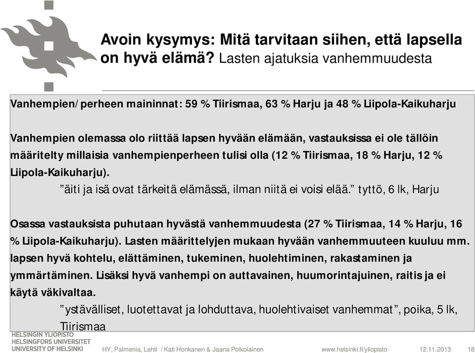 määritelty millaisia vanhempienperheen tulisi olla (12 % Tiirismaa, 18 % Harju, 12 % Liipola-Kaikuharju). äiti ja isä ovat tärkeitä elämässä, ilman niitä ei voisi elää.