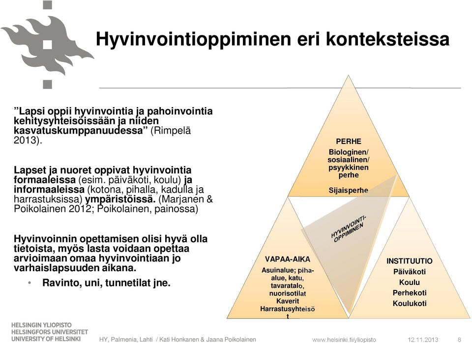 (Marjanen & Poikolainen 2012; Poikolainen, painossa) PERHE Biologinen/ sosiaalinen/ psyykkinen perhe Sijaisperhe Hyvinvoinnin opettamisen olisi hyvä olla tietoista, myös lasta voidaan opettaa