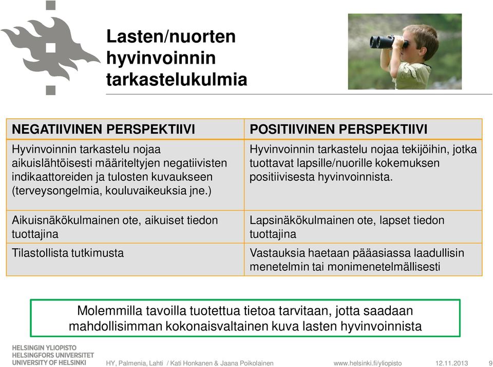 ) Aikuisnäkökulmainen ote, aikuiset tiedon tuottajina Tilastollista tutkimusta POSITIIVINEN PERSPEKTIIVI Hyvinvoinnin tarkastelu nojaa tekijöihin, jotka tuottavat lapsille/nuorille kokemuksen