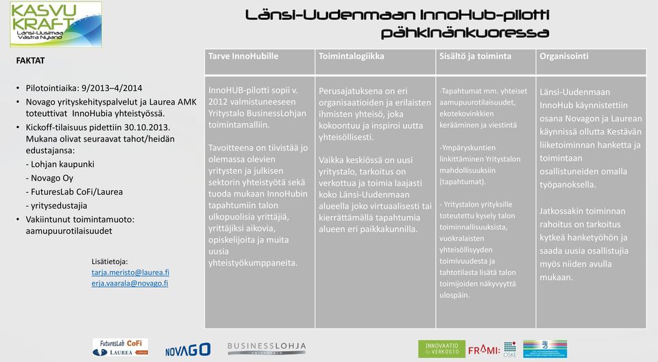 Mukana olivat seuraavat tahot/heidän edustajansa: - Lohjan kaupunki - Novago Oy - FuturesLab CoFi/Laurea - yritysedustajia Vakiintunut toimintamuoto: aamupuurotilaisuudet Lisätietoja: tarja.