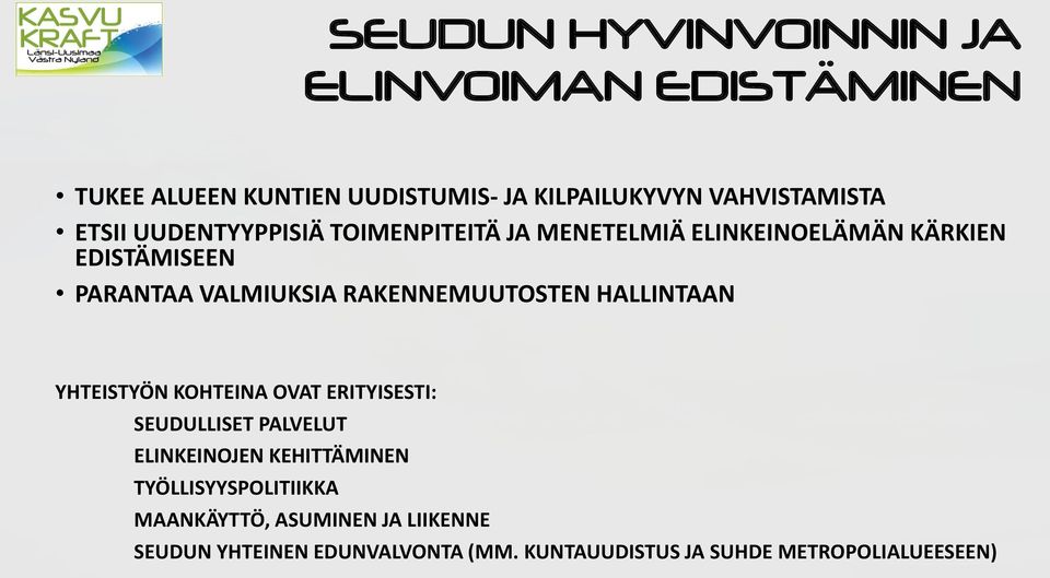 RAKENNEMUUTOSTEN HALLINTAAN YHTEISTYÖN KOHTEINA OVAT ERITYISESTI: SEUDULLISET PALVELUT ELINKEINOJEN KEHITTÄMINEN