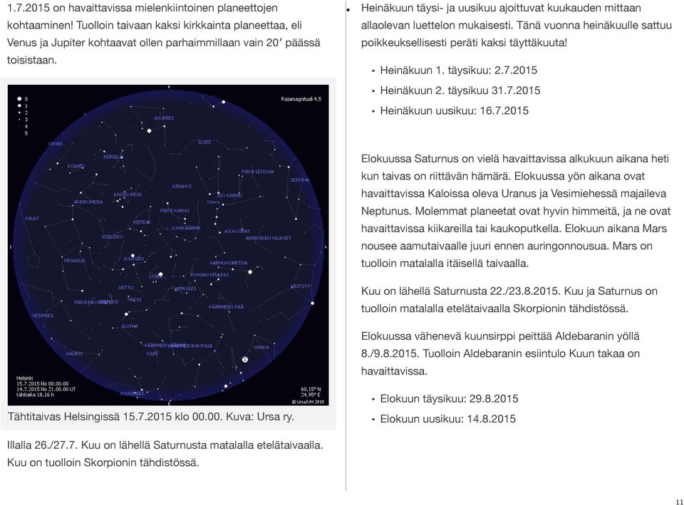 2015 Heinäkuun 2. täysikuu 31.7.2015 Heinäkuun uusikuu: 16.7.2015 Elokuussa Saturnus on vielä havaittavissa alkukuun aikana heti kun taivas on riittävän hämärä.