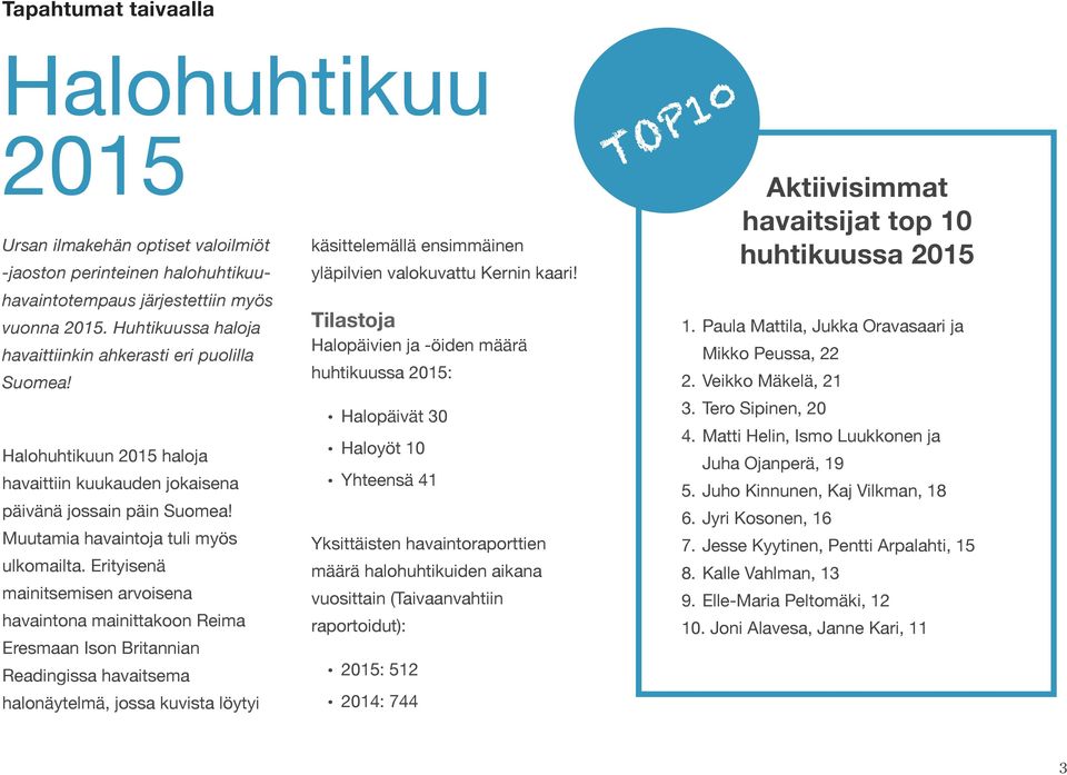 Erityisenä mainitsemisen arvoisena havaintona mainittakoon Reima Eresmaan Ison Britannian Readingissa havaitsema halonäytelmä, jossa kuvista löytyi käsittelemällä ensimmäinen yläpilvien valokuvattu