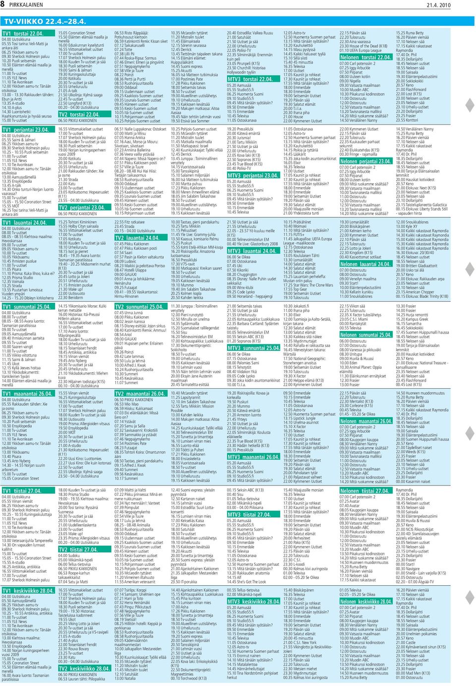 30 Luontohetki: Haahkanuntuvia ja hyvää seuraa 15.00 Tv-uutiset TV1 perjantai 23.04. 05.55 Saimi & Jalmari 06.25 Ykkösen aamu-tv 09.30 Sherlock Holmesin paluu 10.25-10.55 Puoli seitsemän 11.