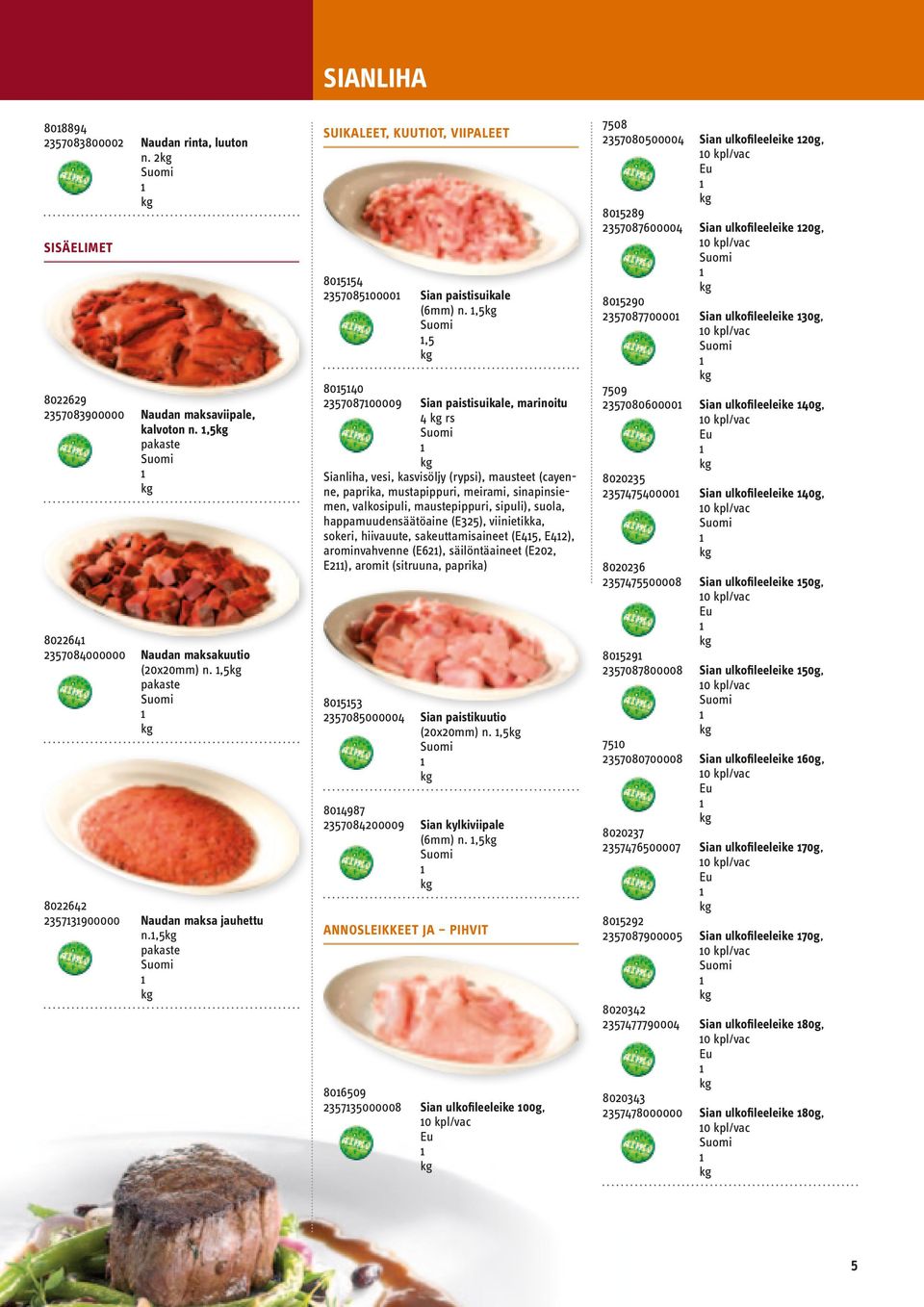 ,5,5 80540 235708700009 Sian paistisuikale, marinoitu 4 rs Sianliha, vesi, kasvisöljy (rypsi), mausteet (cayenne, paprika, mustapippuri, meirami, sinapinsiemen, valkosipuli, maustepippuri, sipuli),