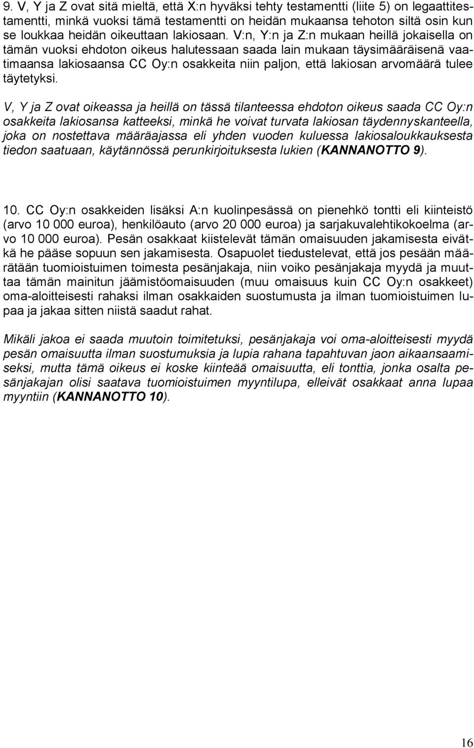 V:n, Y:n ja Z:n mukaan heillä jokaisella on tämän vuoksi ehdoton oikeus halutessaan saada lain mukaan täysimääräisenä vaatimaansa lakiosaansa CC Oy:n osakkeita niin paljon, että lakiosan arvomäärä