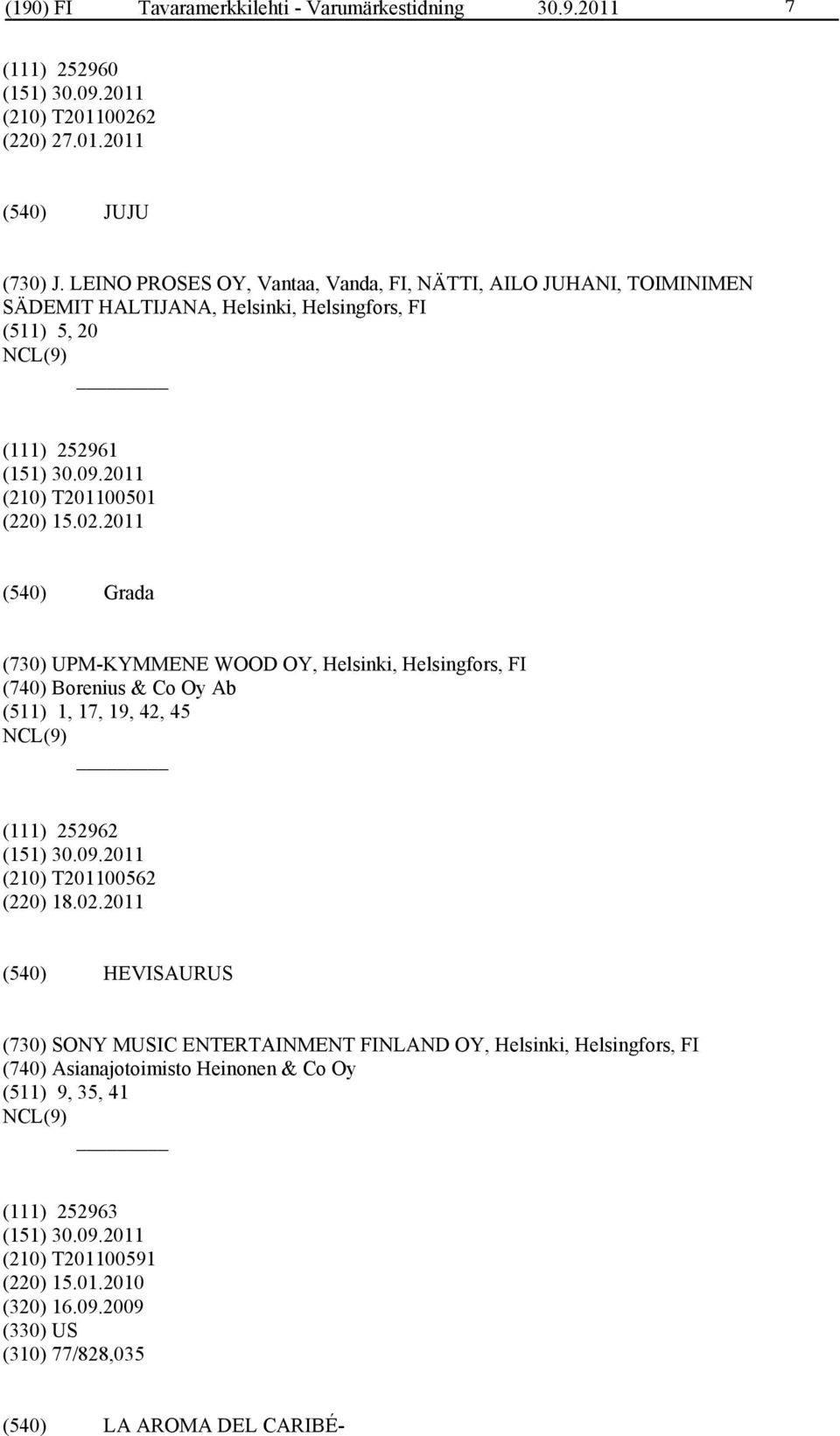 2011 Grada (730) UPM-KYMMENE WOOD OY, Helsinki, Helsingfors, FI (740) Borenius & Co Oy Ab (511) 1, 17, 19, 42, 45 (111) 252962 (210) T201100562 (220) 18.02.