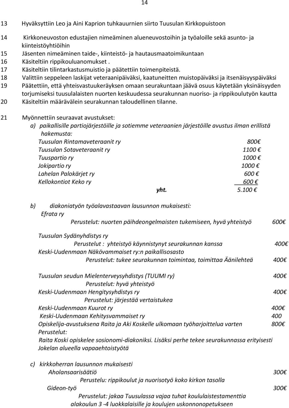 18 Valittiin seppeleen laskijat veteraanipäiväksi, kaatuneitten muistopäiväksi ja itsenäisyyspäiväksi 19 Päätettiin, että yhteisvastuukeräyksen omaan seurakuntaan jäävä osuus käytetään yksinäisyyden