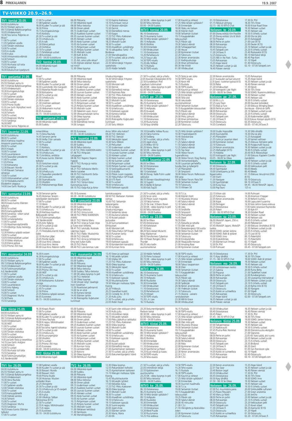 00 Eduskunnan kyselytunti 17.08 Sydämen asialla 18.30 Priima 19.15 Kuningaskuluttaja 19.45 Kotikatu 20.55 Urheiluruutu 21.05 A-talk 21.50 Elämä pelissä 22.20 Iirottelua 23.10 Tv-uutiset 23.