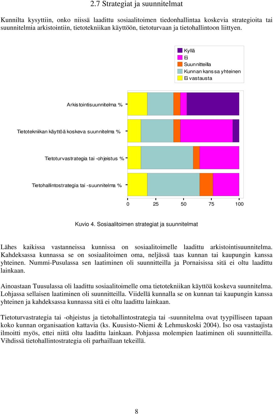 Kyllä Ei Suunnitteilla Kunnan kans sa yhteinen Ei vastausta Arkis tointisuunnitelma % Tietotekniikan käyttöä koskeva suunnitelma % Tietoturvastrategia tai -ohjeistus % Tietohallintostrategia tai