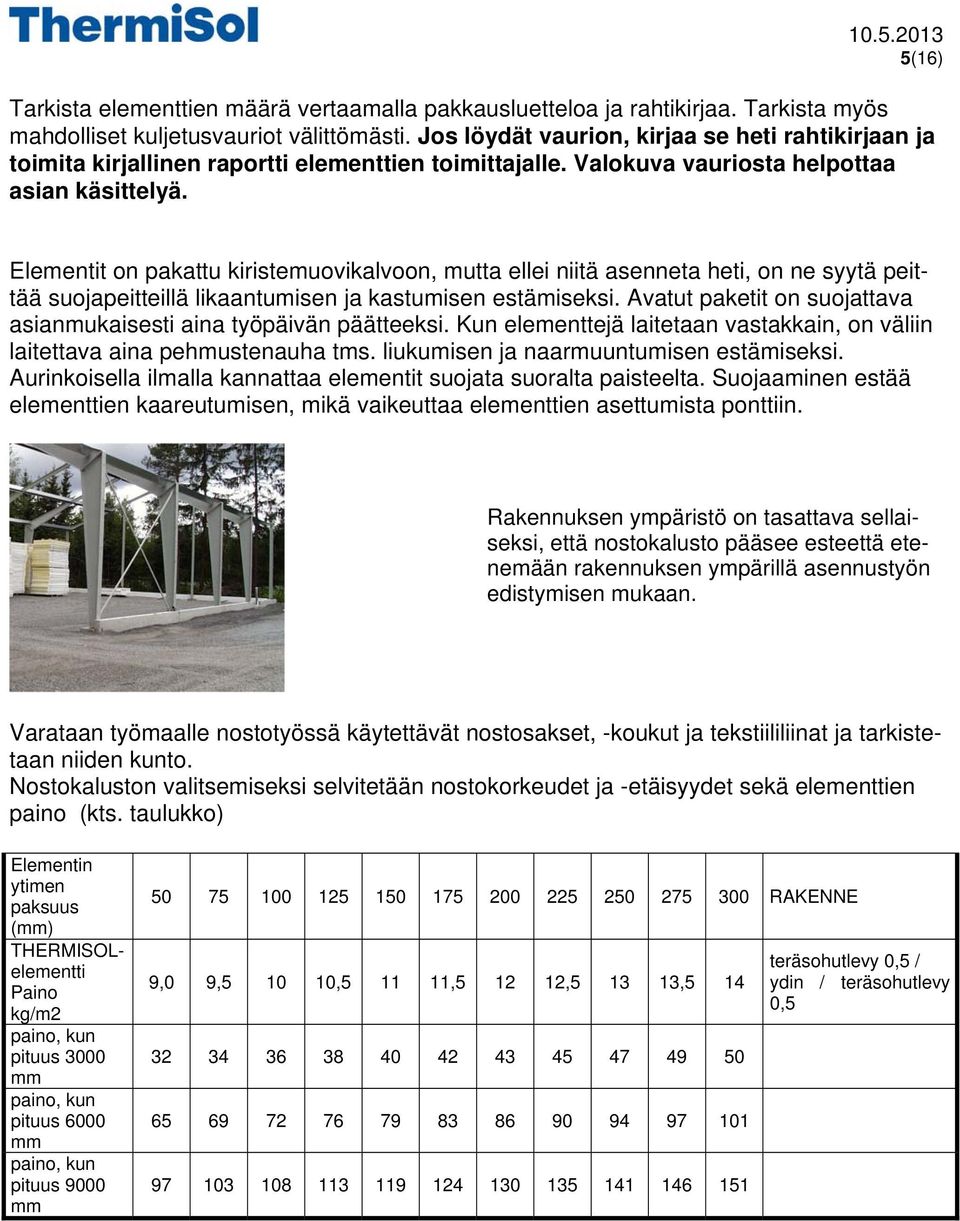 Elementit on pakattu kiristemuovikalvoon, mutta ellei niitä asenneta heti, on ne syytä peittää suojapeitteillä likaantumisen ja kastumisen estämiseksi.
