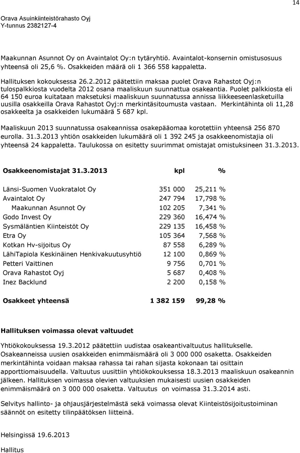 Puolet palkkiosta eli 64 150 euroa kuitataan maksetuksi maaliskuun suunnatussa annissa liikkeeseenlasketuilla uusilla osakkeilla Orava Rahastot Oyj:n merkintäsitoumusta vastaan.