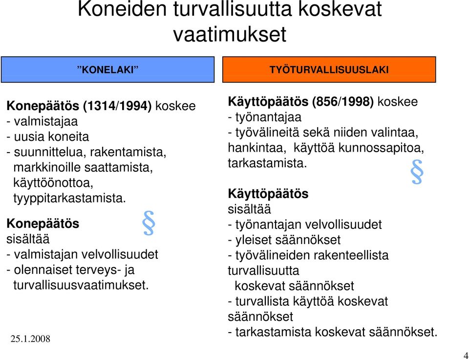 Käyttöpäätös (856/1998) koskee - työnantajaa - työvälineitä sekä niiden valintaa, hankintaa, käyttöä kunnossapitoa, tarkastamista.