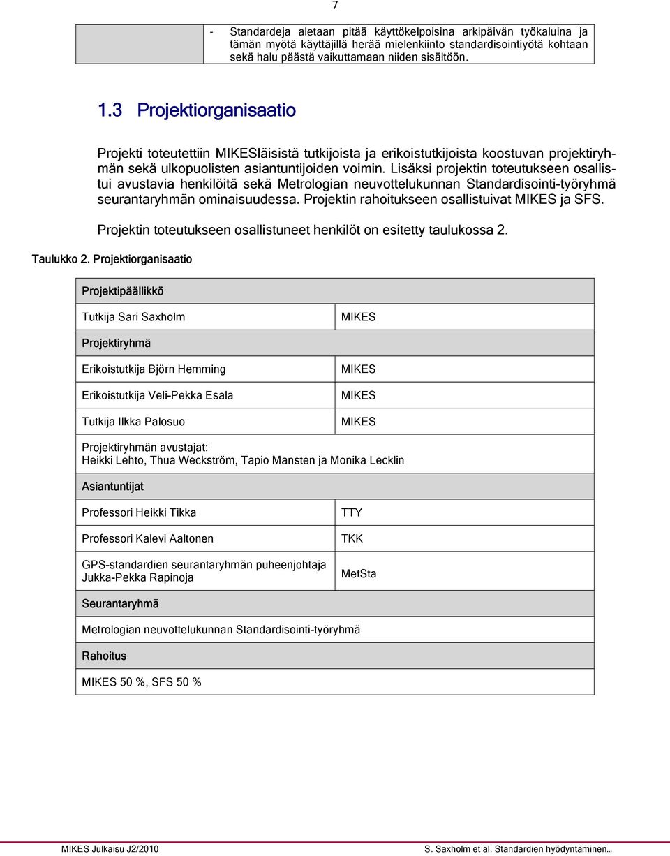 Lisäksi projektin toteutukseen osallistui avustavia henkilöitä sekä Metrologian neuvottelukunnan Standardisointi-työryhmä seurantaryhmän ominaisuudessa.