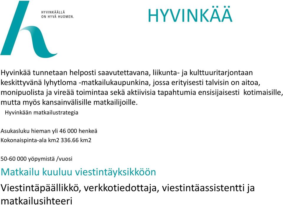 myös kansainvälisille matkailijoille. Hyvinkään matkailustrategia Asukasluku hieman yli 46 000 henkeä Kokonaispinta-ala km2 336.