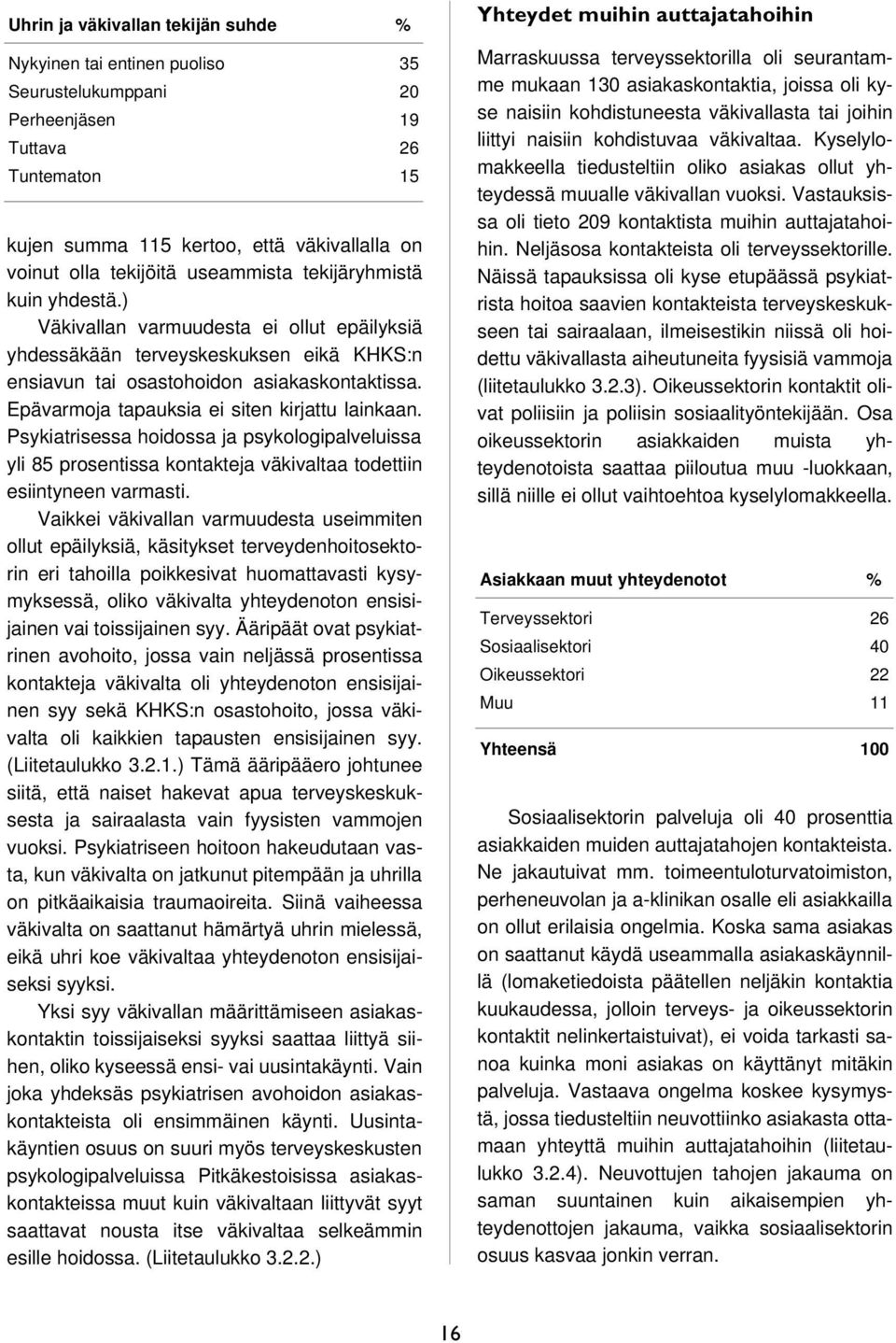 Epävarmoja tapauksia ei siten kirjattu lainkaan. Psykiatrisessa hoidossa ja psykologipalveluissa yli 85 prosentissa kontakteja väkivaltaa todettiin esiintyneen varmasti.