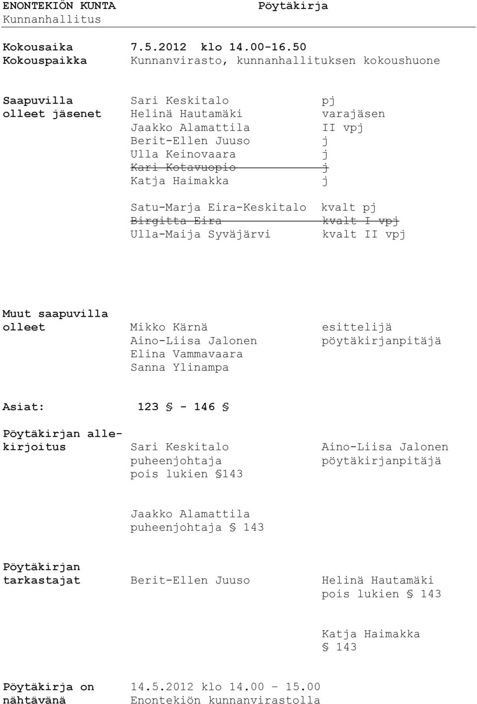 Kotavuopio j Katja Haimakka j Satu-Marja Eira-Keskitalo kvalt pj Birgitta Eira kvalt I vpj Ulla-Maija Syväjärvi kvalt II vpj Muut saapuvilla olleet Mikko Kärnä esittelijä Aino-Liisa Jalonen