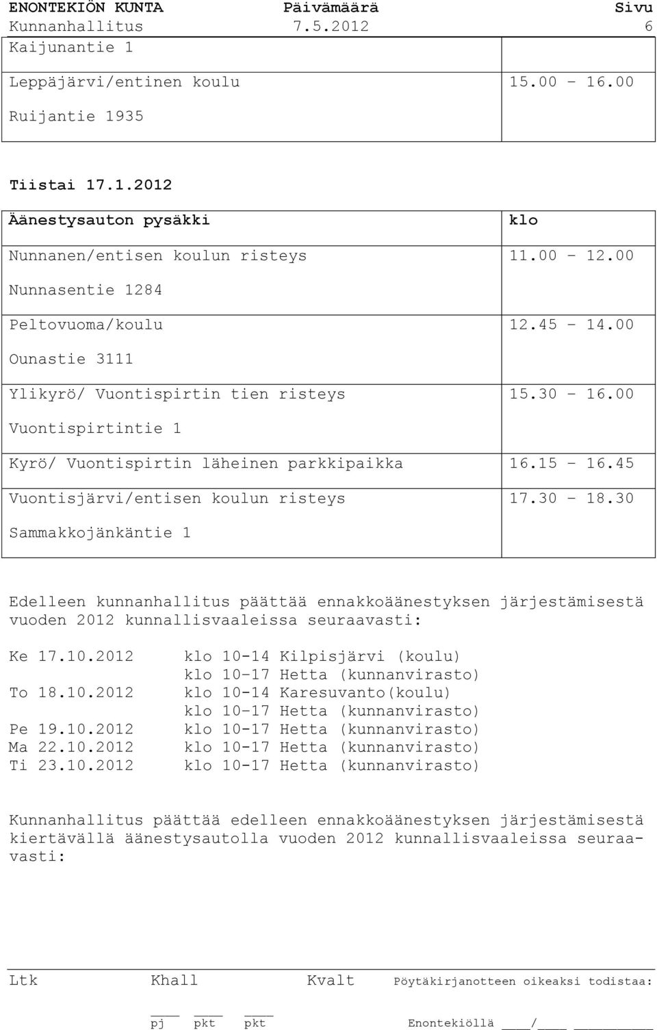 45 Vuontisjärvi/entisen koulun risteys 17.30 18.30 Sammakkojänkäntie 1 Edelleen kunnanhallitus päättää ennakkoäänestyksen järjestämisestä vuoden 2012 kunnallisvaaleissa seuraavasti: Ke 17.10.