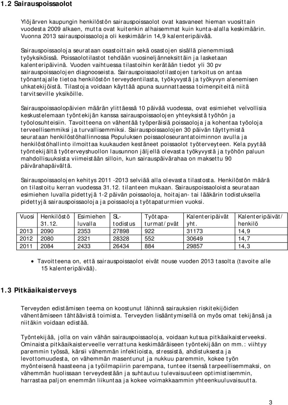 Poissaolotilastot tehdään vuosineljänneksittäin ja lasketaan kalenteripäivinä. Vuoden vaihtuessa tilastoihin kerätään tiedot yli 30 pv sairauspoissaolojen diagnooseista.