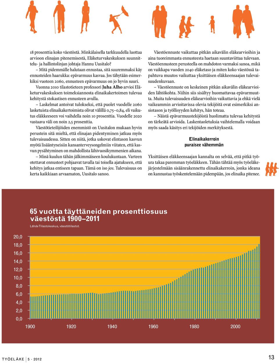 Vuonna 2010 tilastotieteen professori Juha Alho arvioi Eläketurvakeskuksen toimeksiannosta elinaikakertoimen tulevaa kehitystä stokastisen ennusteen avulla.