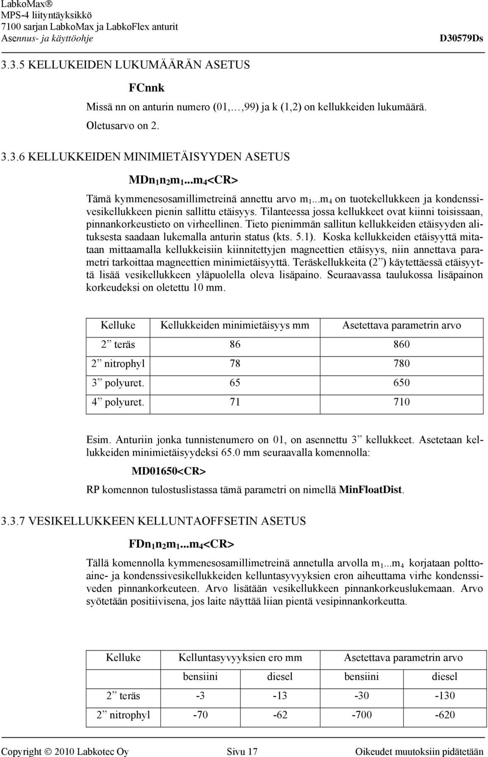 Tilanteessa jossa kellukkeet ovat kiinni toisissaan, pinnankorkeustieto on virheellinen. Tieto pienimmän sallitun kellukkeiden etäisyyden alituksesta saadaan lukemalla anturin status (kts. 5.1).