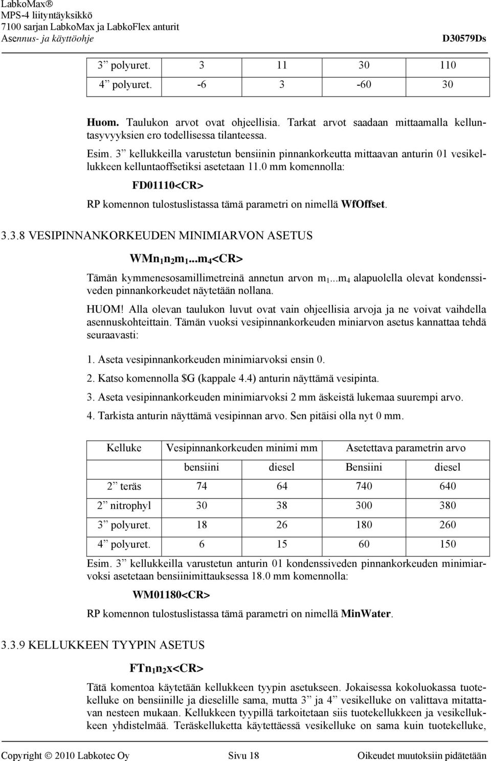 0 mm komennolla: FD01110<CR> RP komennon tulostuslistassa tämä parametri on nimellä WfOffset. 3.3.8 VESIPINNANKORKEUDEN MINIMIARVON ASETUS WMn 1 n 2 m 1.