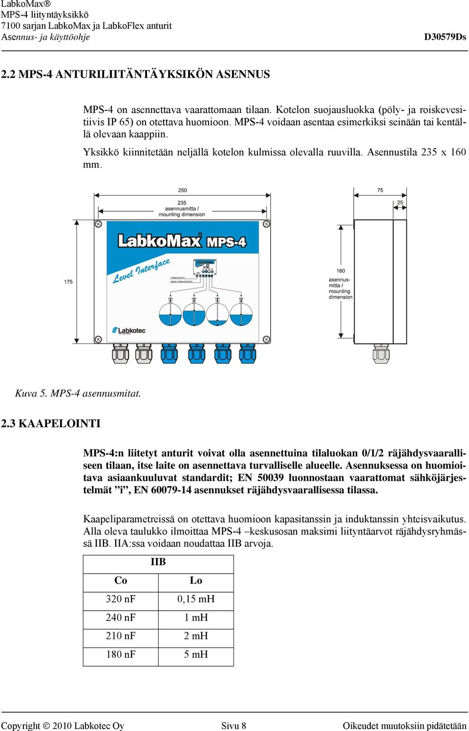 5 x 160 mm. Kuva 5. MPS-4 asennusmitat. 2.