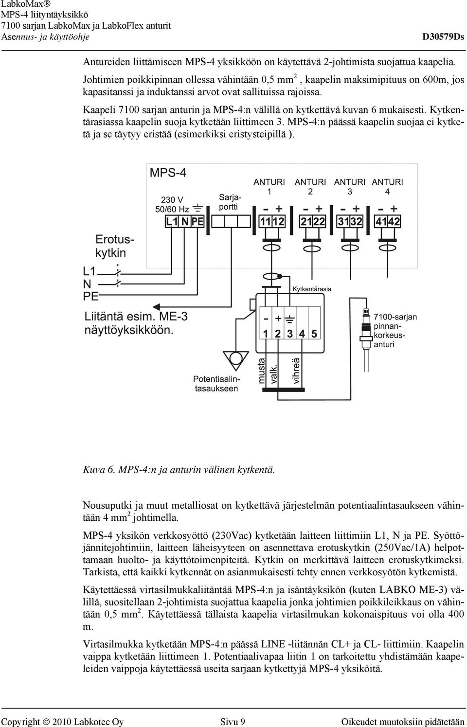 Kaapeli 7100 sarjan anturin ja MPS-4:n välillä on kytkettävä kuvan 6 mukaisesti. Kytkentärasiassa kaapelin suoja kytketään liittimeen 3.