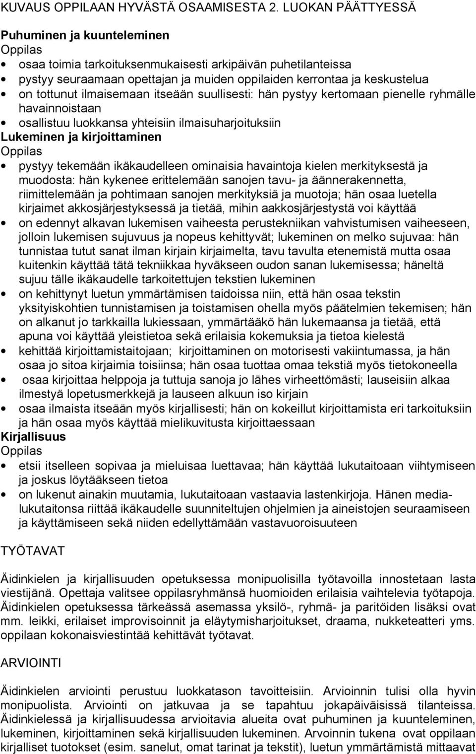 ilmaisemaan itseään suullisesti: hän pystyy kertomaan pienelle ryhmälle havainnoistaan osallistuu luokkansa yhteisiin ilmaisuharjoituksiin Lukeminen ja kirjoittaminen pystyy tekemään ikäkaudelleen