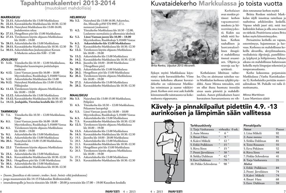 00-17.00 JOULUKUU Ti 3.12. Tiistaikerho klo 10.30 12.00 Markkulassa, Pikkujoulut kauneimpien joululaulujen merkeissä Ke 4.12. Länsi-Vantaan jaosto klo 16.00 18.00 To 5.