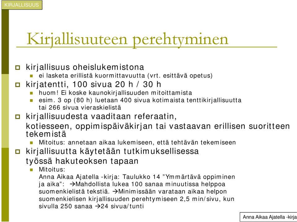 3 op (80 h) luetaan 400 sivua kotimaista tenttikirjallisuutta tai 266 sivua vieraskielistä kirjallisuudesta vaaditaan referaatin, kotiesseen, oppimispäiväkirjan tai vastaavan erillisen suoritteen