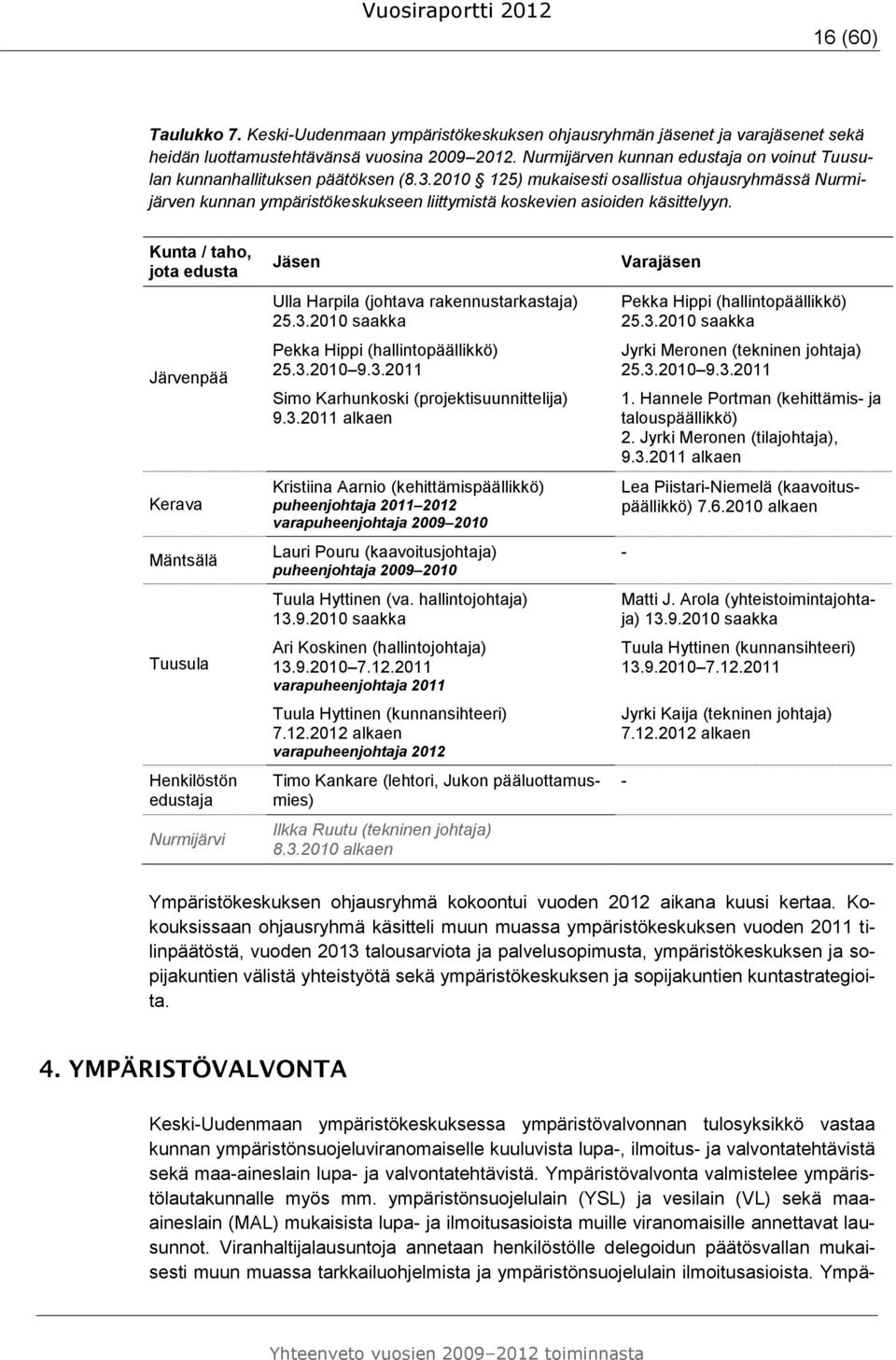 2010 125) mukaisesti osallistua ohjausryhmässä Nurmijärven kunnan ympäristökeskukseen liittymistä koskevien asioiden käsittelyyn.