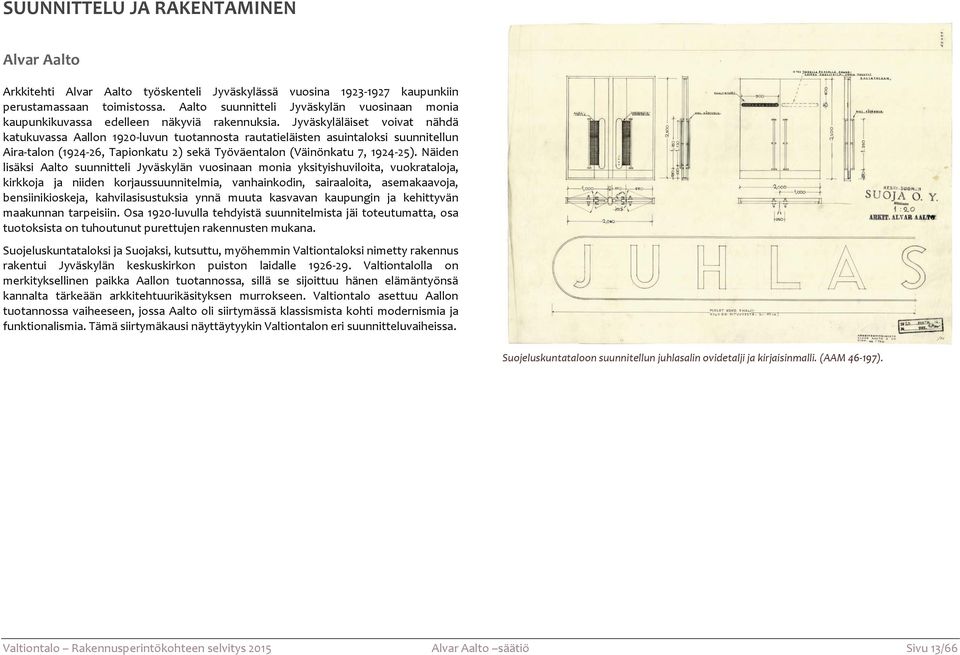 Jyväskyläläiset voivat nähdä katukuvassa Aallon 19205luvun tuotannosta rautatieläisten asuintaloksi suunnitellun Aira5talon 1924526, Tapionkatu2)sekäTyöväentalon Väinönkatu 7, 1924525).