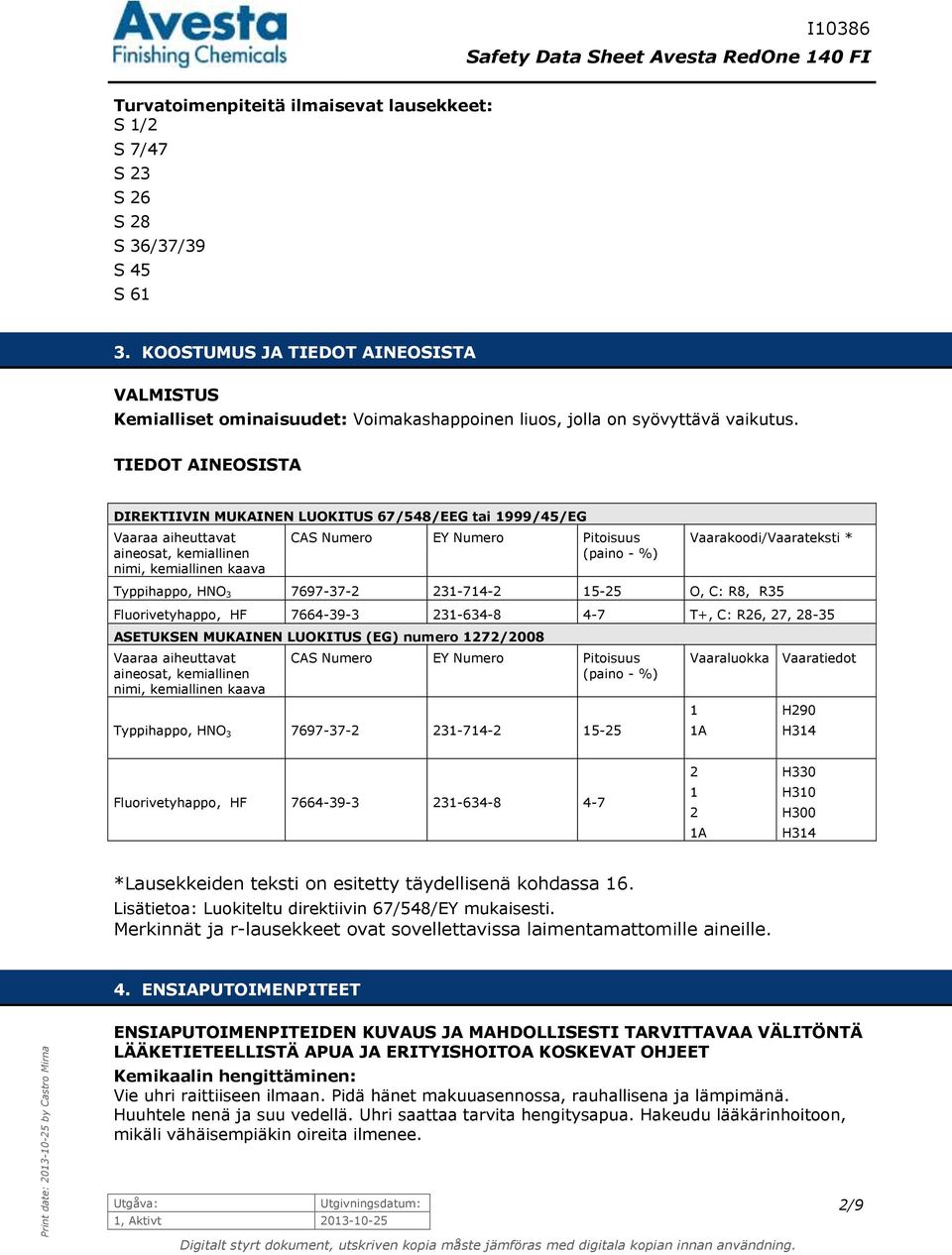 TIEDOT AINEOSISTA DIREKTIIVIN MUKAINEN LUOKITUS 67/548/EEG tai 1999/45/EG Vaaraa aiheuttavat aineosat, kemiallinen nimi, kemiallinen kaava CAS Numero EY Numero Pitoisuus (paino - %)