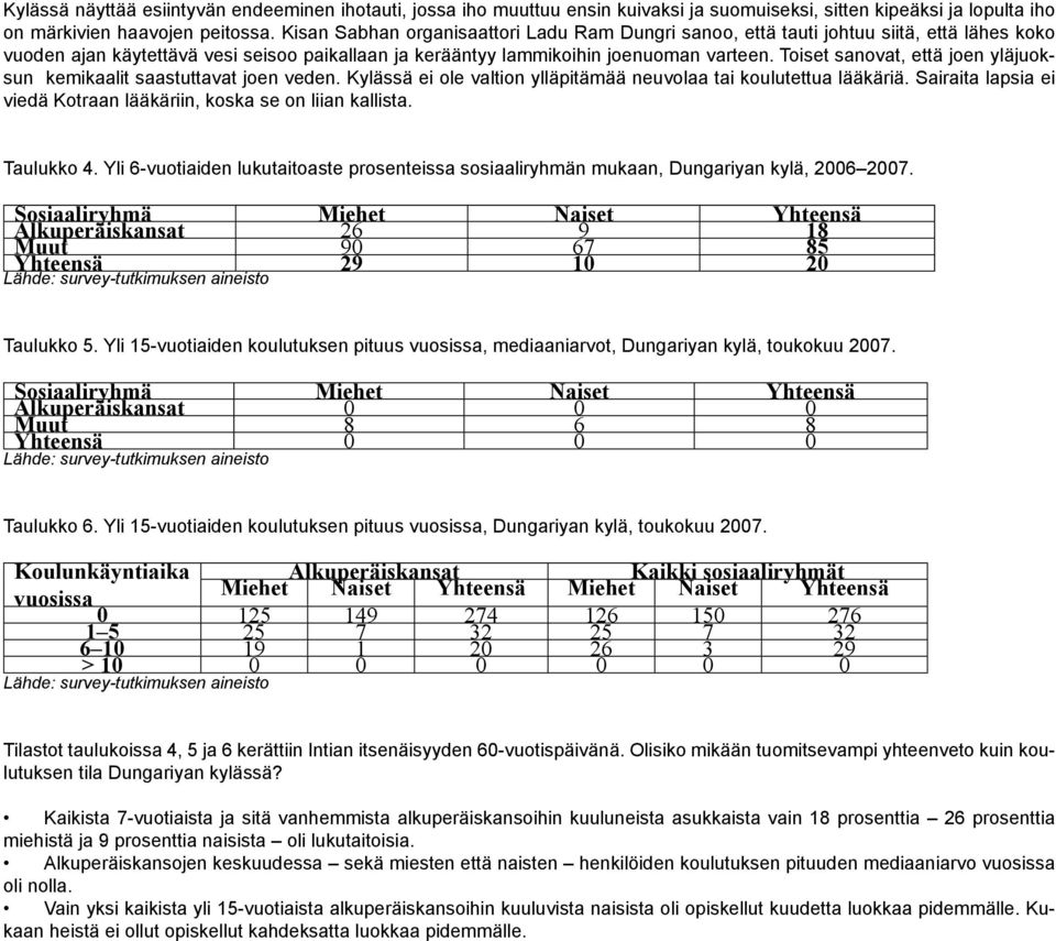 Toiset sanovat, että joen yläjuoksun kemikaalit saastuttavat joen veden. Kylässä ei ole valtion ylläpitämää neuvolaa tai koulutettua lääkäriä.