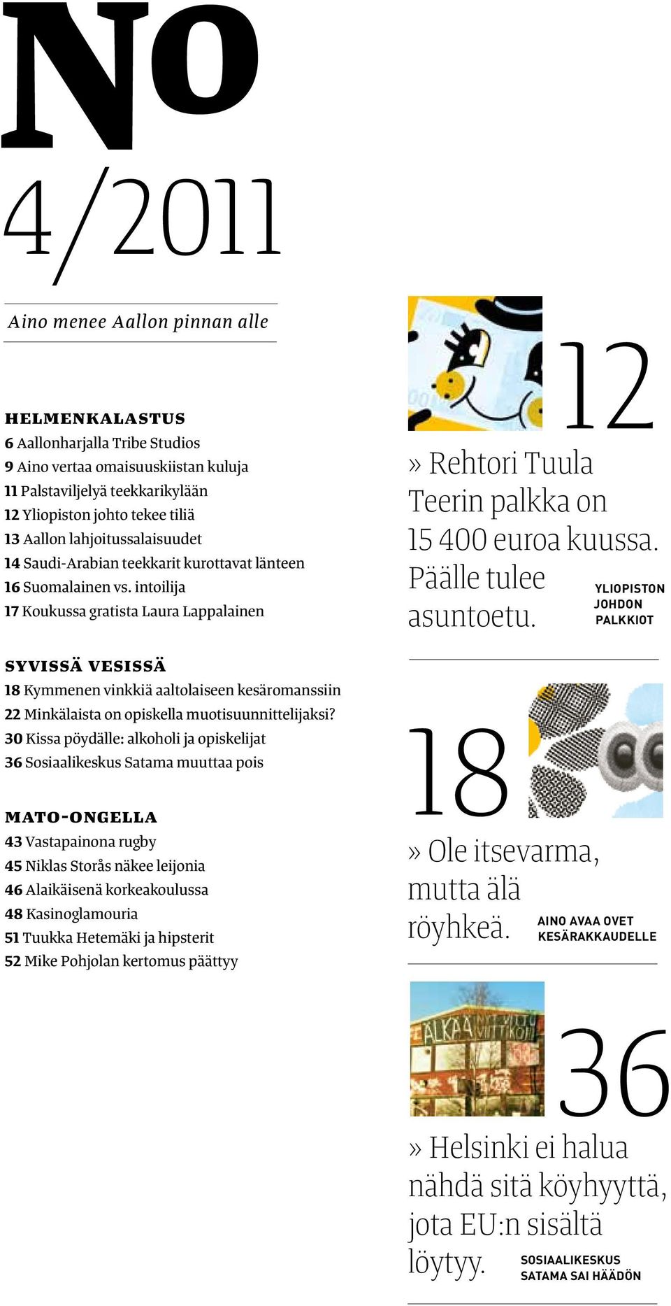 intoilija 17 Koukussa gratista Laura Lappalainen syvissä vesissä 18 Kymmenen vinkkiä aaltolaiseen kesäromanssiin 22 Minkälaista on opiskella muotisuunnittelijaksi?