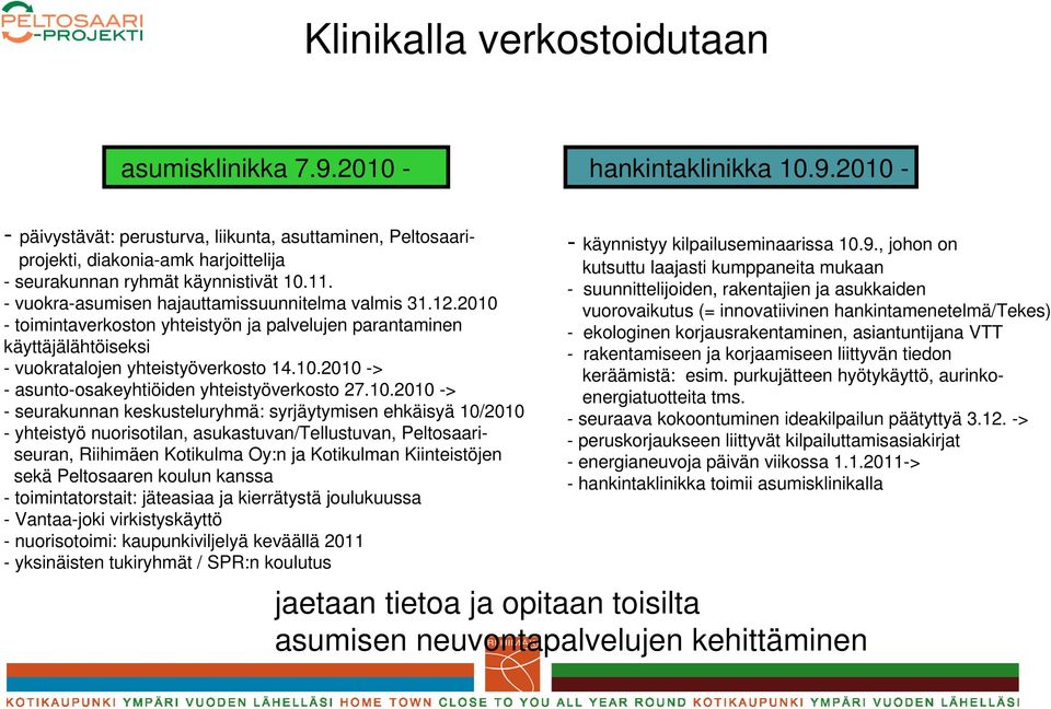 10.2010 -> - seurakunnan keskusteluryhmä: syrjäytymisen ehkäisyä 10/2010 - yhteistyö nuorisotilan, asukastuvan/tellustuvan, Peltosaariseuran, Riihimäen Kotikulma Oy:n ja Kotikulman Kiinteistöjen sekä