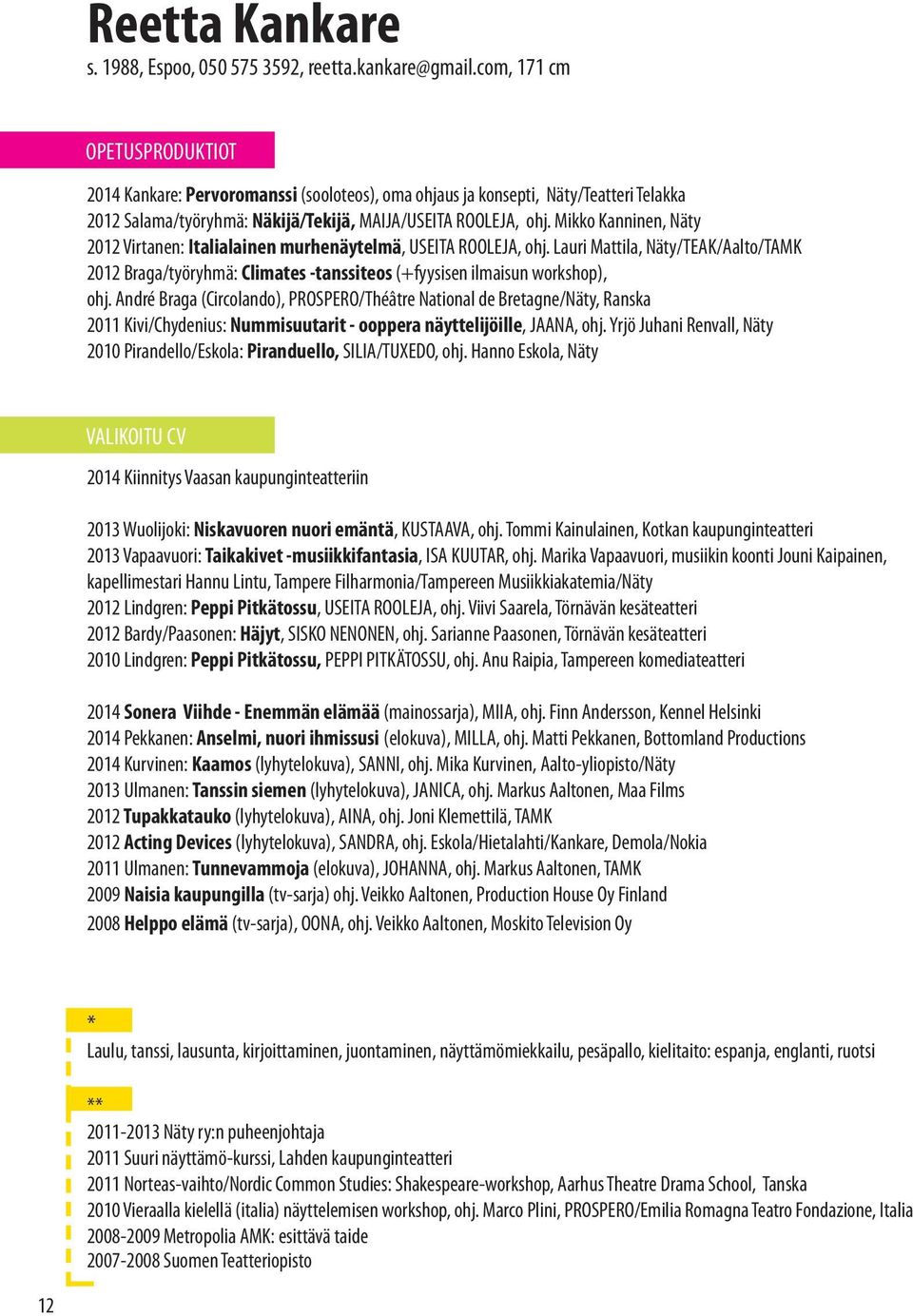 Mikko Kanninen, Näty 2012 Virtanen: Italialainen murhenäytelmä, USEITA ROOLEJA, ohj. Lauri Mattila, Näty/TEAK/Aalto/TAMK 2012 Braga/työryhmä: Climates -tanssiteos (+fyysisen ilmaisun workshop), ohj.